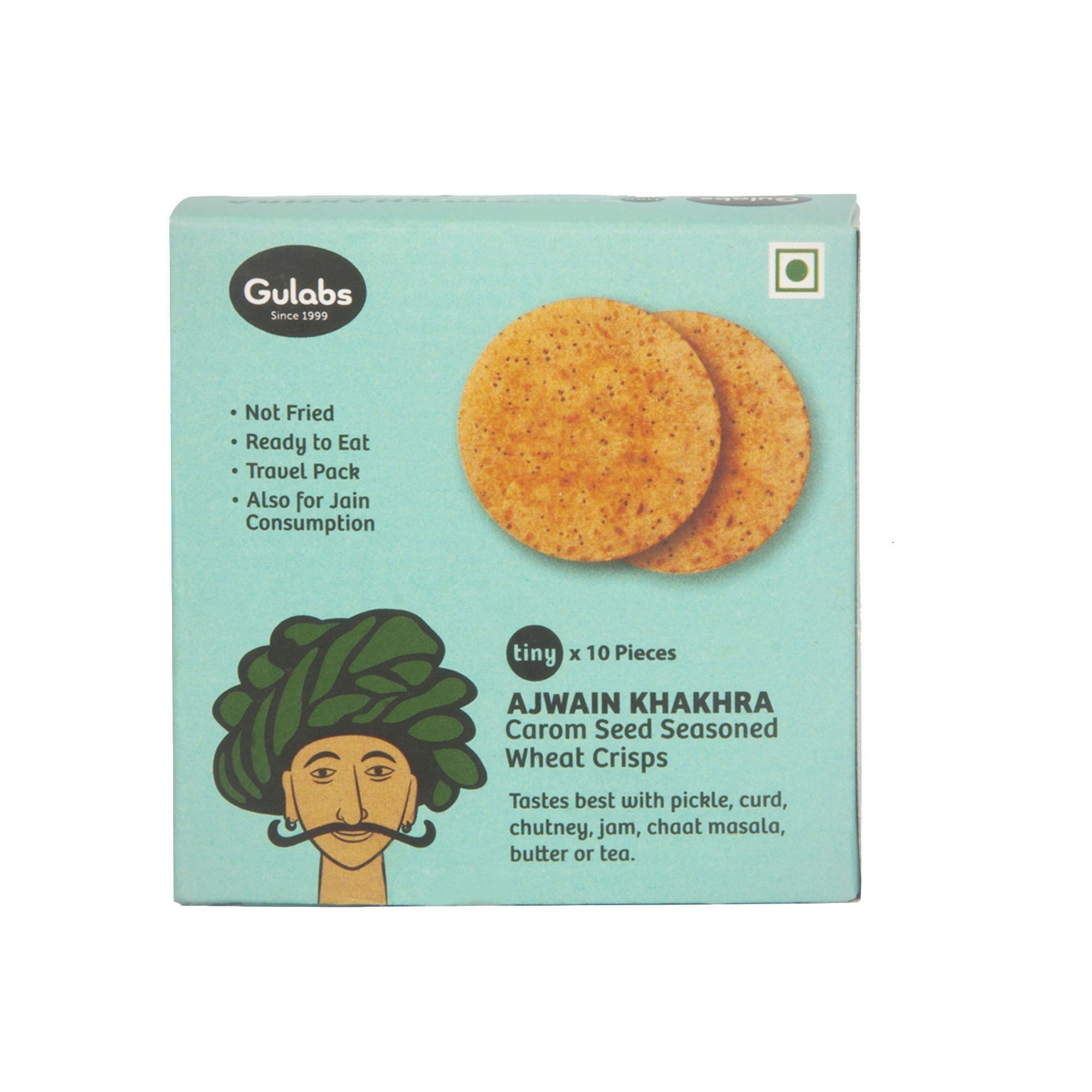 Gulabs Tiny Ajwain Khakhra Carom Seed Seasoned Wheat Crisps   Box  10 pcs